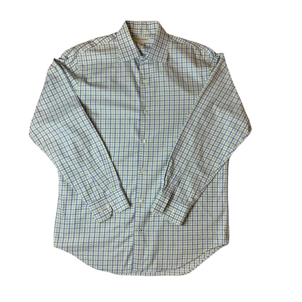 Banana Republic Plaid Blue Green Dress Shirt Button Up Men's Large 16-16.5